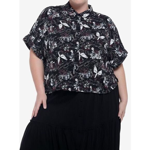 Dark Romance Script Boxy Girls Crop Woven Button-Up Plus Size 1 - Picture 1 of 10